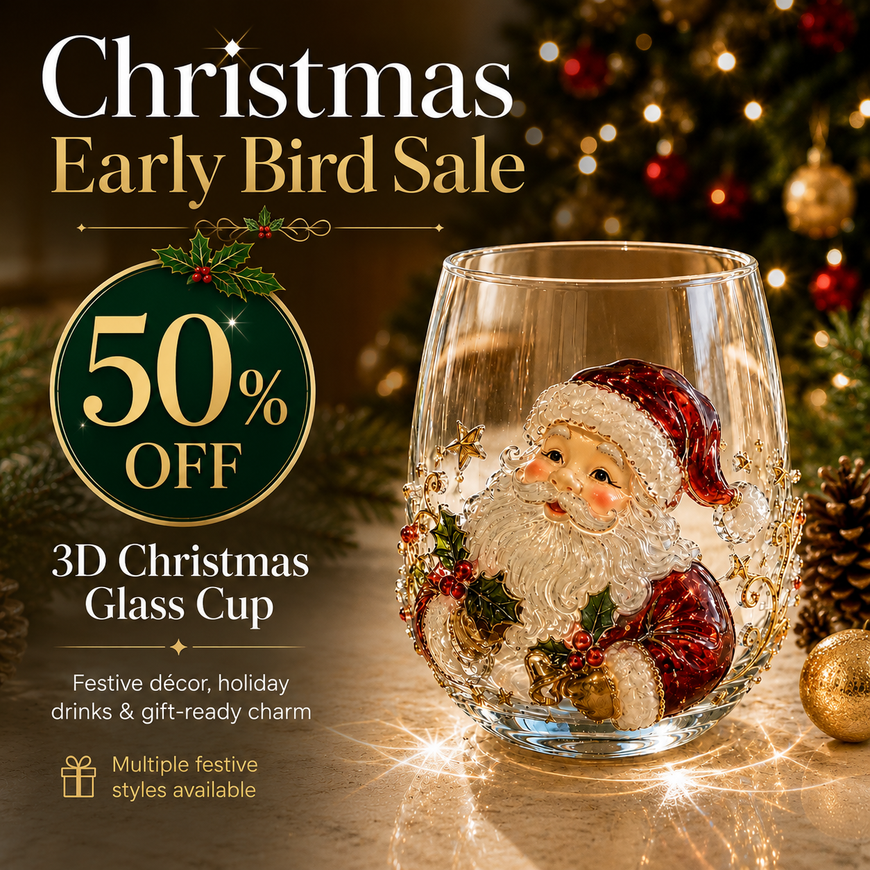 🎅 Christmas Early Bird Sale — 50% OFF 3D Raised Holiday Glass Cup 🎄