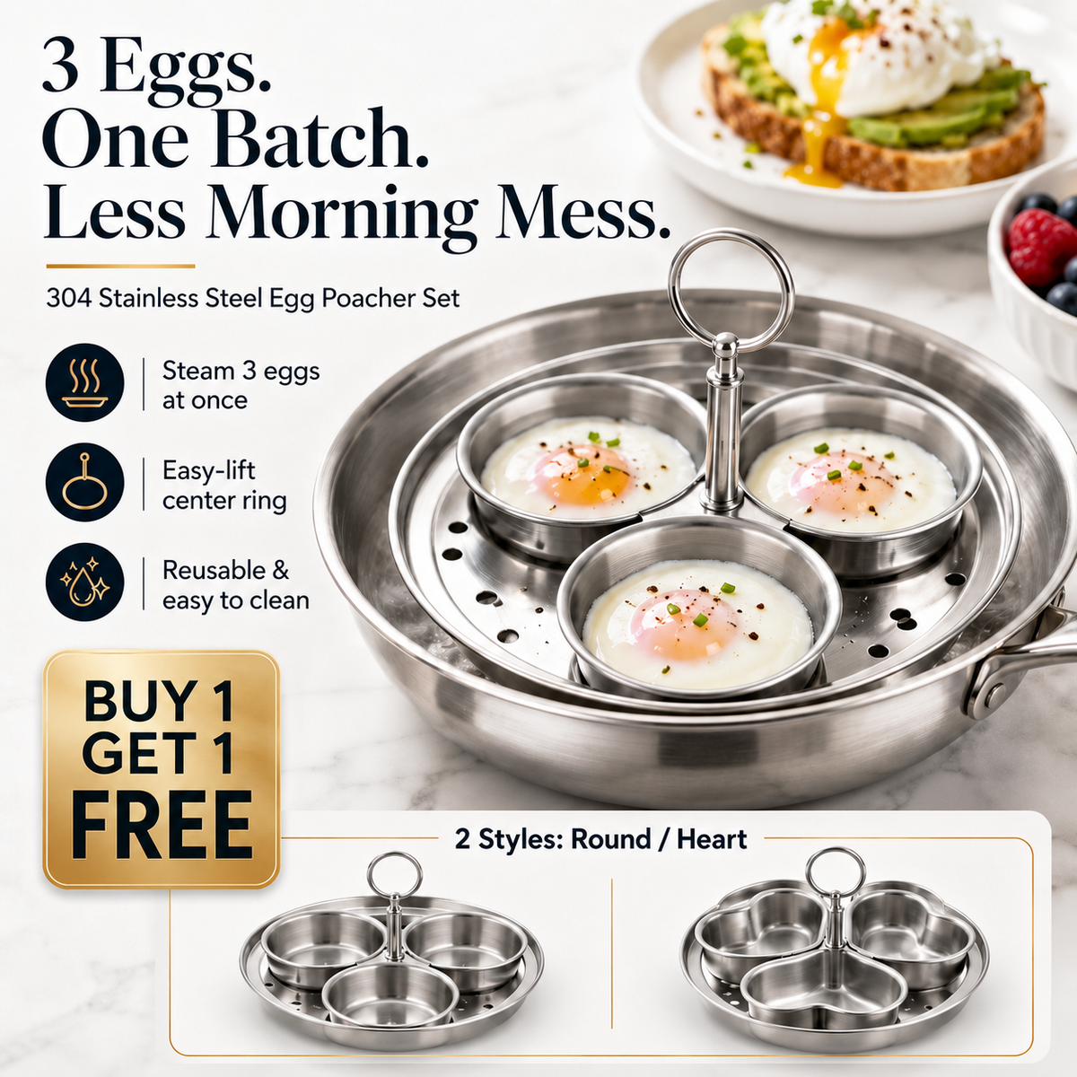 🍳 3-Cup Stainless Steel Egg Poacher – Cook 3 Eggs at Once