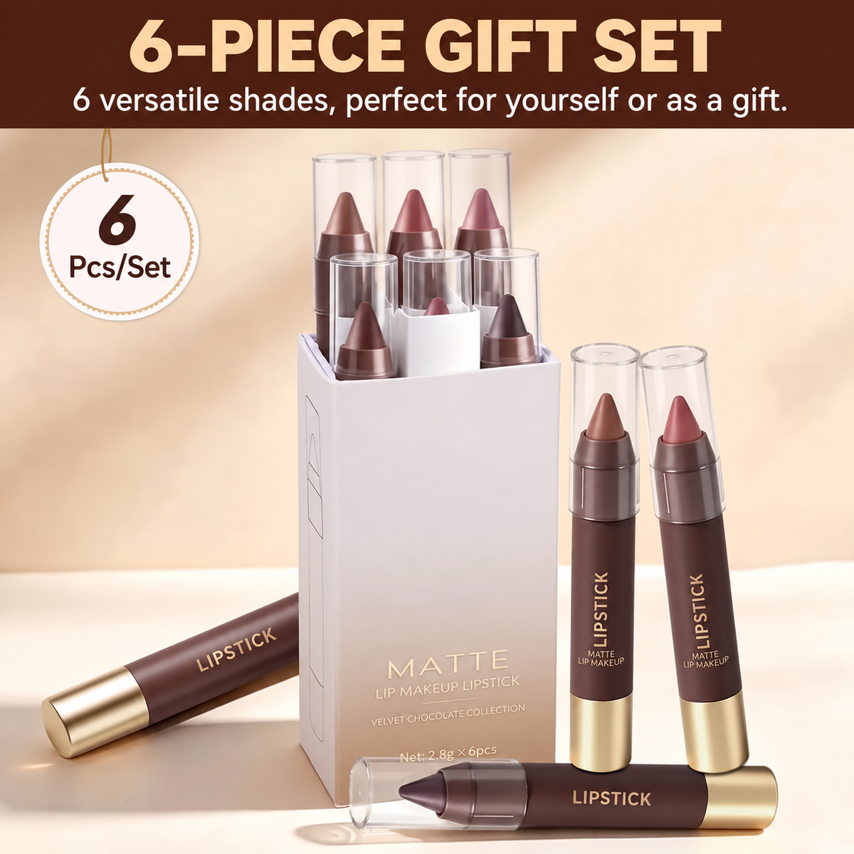 6-piece set of long-lasting, matte, brown lipstick