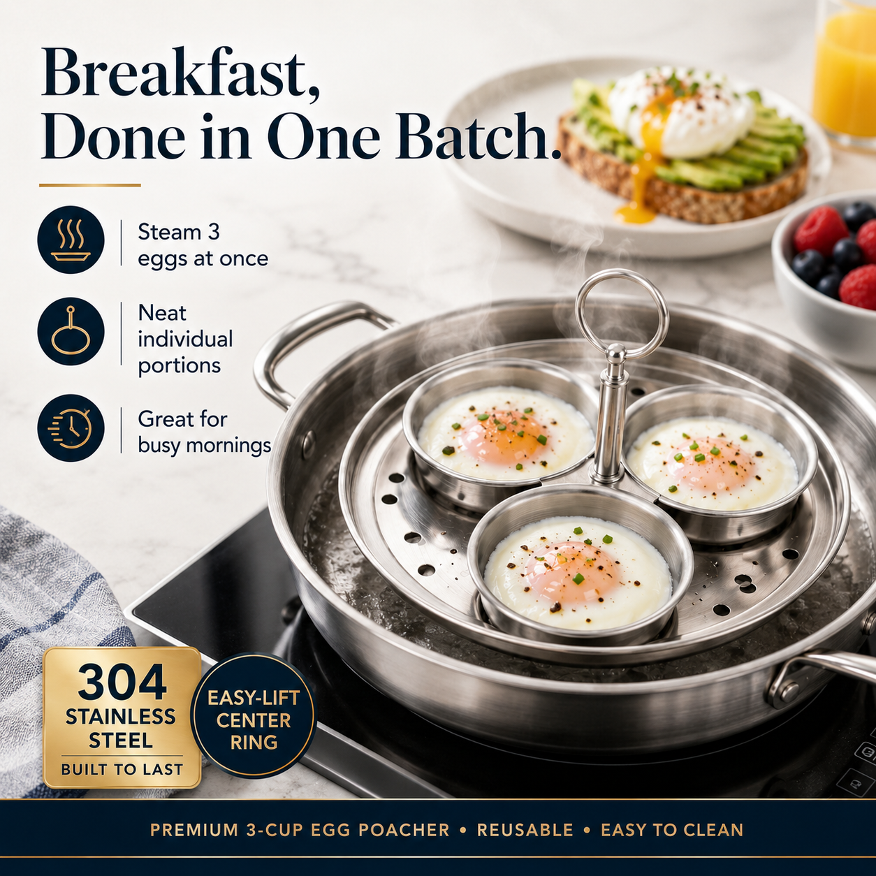 🍳 3-Cup Stainless Steel Egg Poacher – Cook 3 Eggs at Once