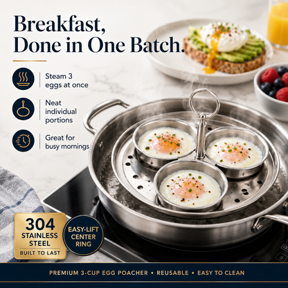 🍳 3-Cup Stainless Steel Egg Poacher – Cook 3 Eggs at Once