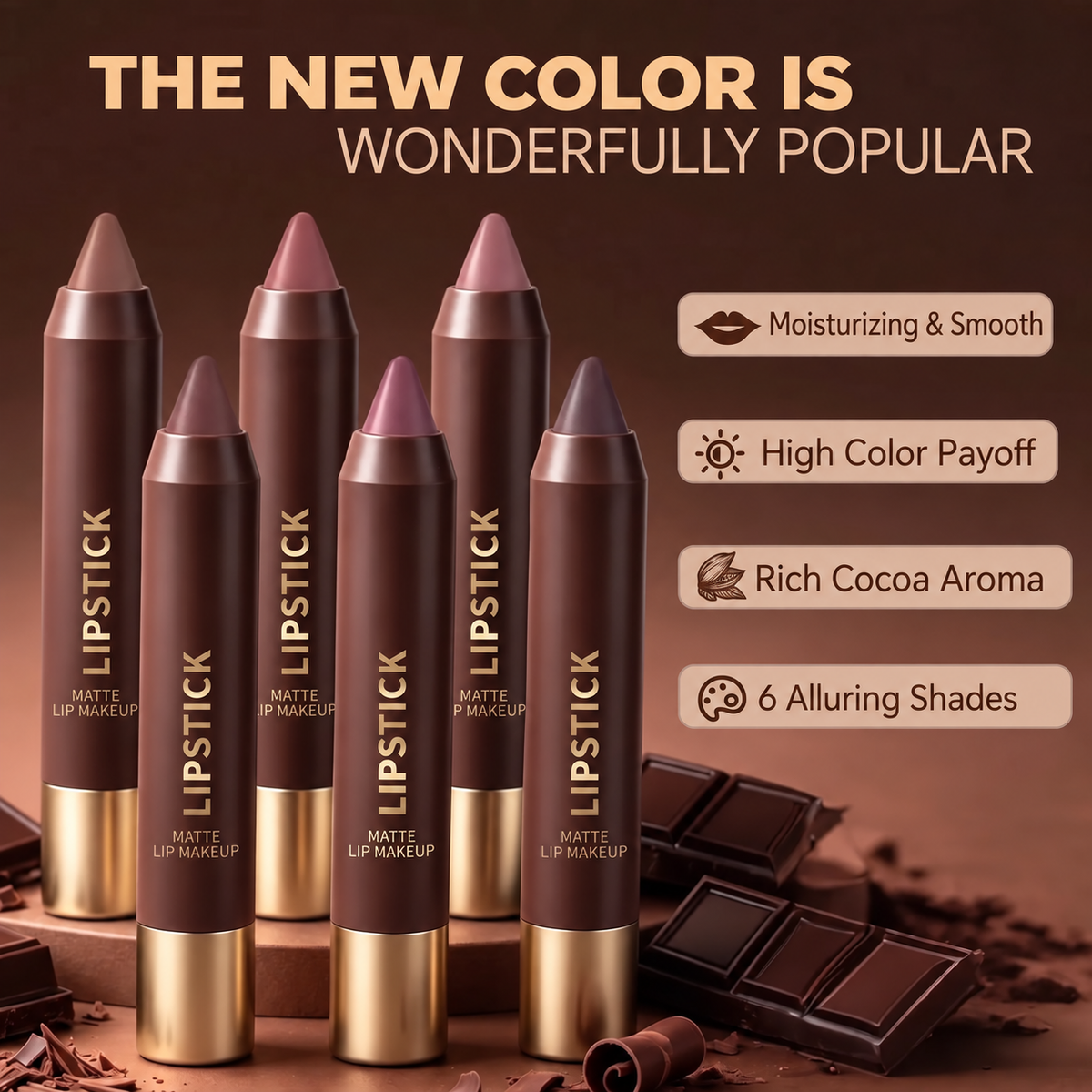 6-piece set of long-lasting, matte, brown lipstick