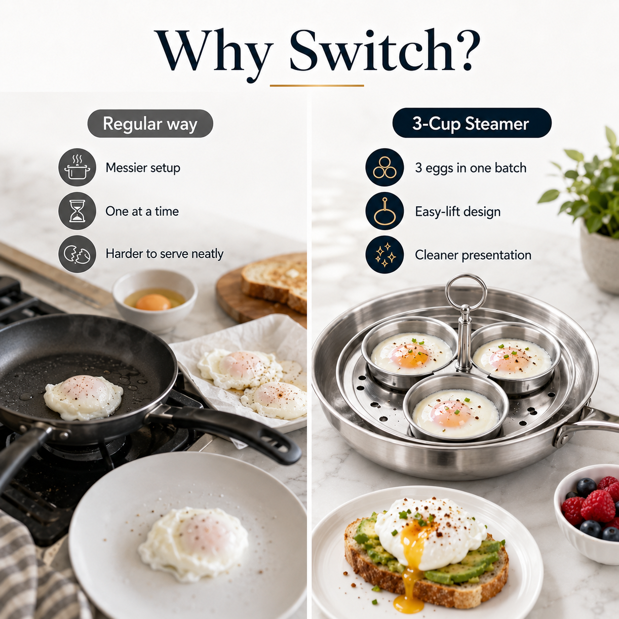 🍳 3-Cup Stainless Steel Egg Poacher – Cook 3 Eggs at Once