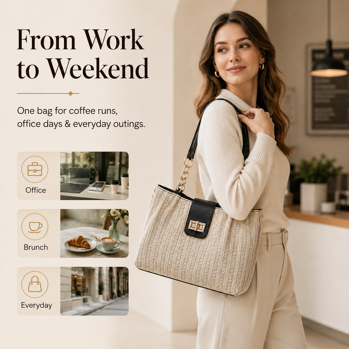 Woman carrying the lightweight straw shoulder bag from work to weekend
