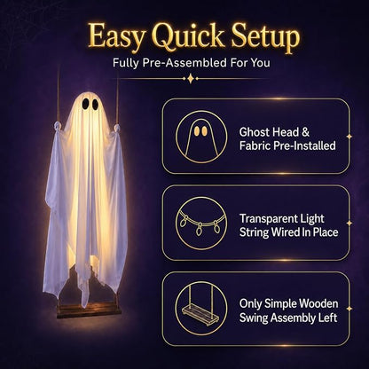 🔥Halloween Limited-Time Discount👻5FT Hanging Swing Ghost Decor | Remote String Lights・Waterproof Fabric・Outdoor Halloween Prop