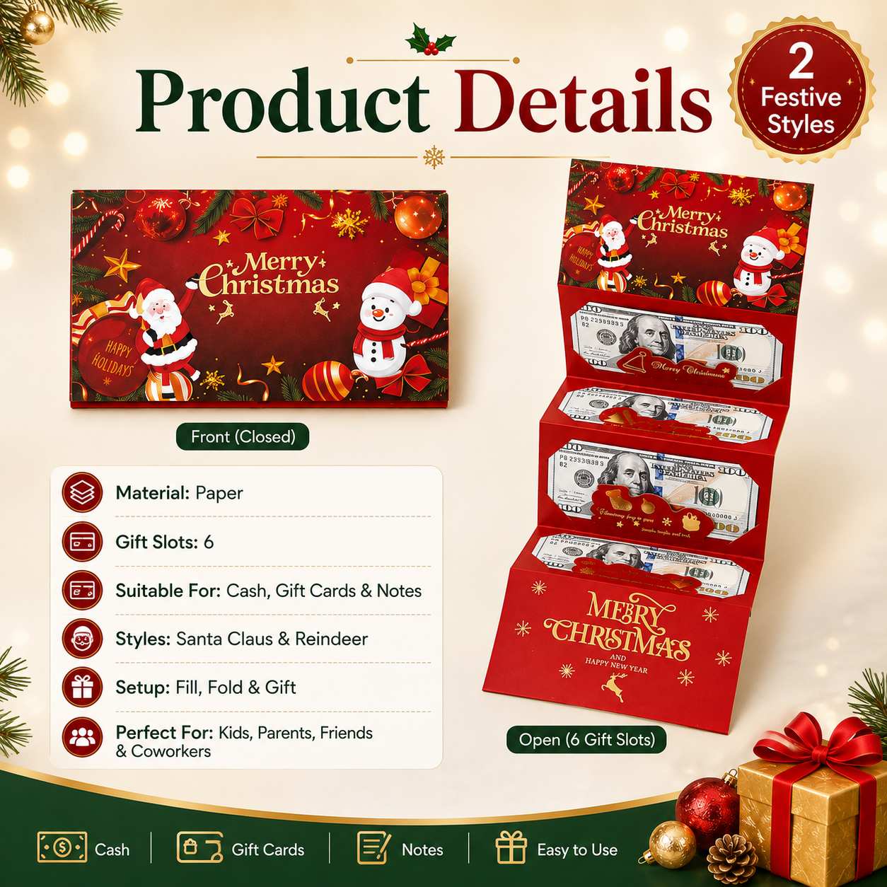 🎄 6-Slot Christmas Cash Gift Envelope | Buy 1 Get 1 Free 🎁