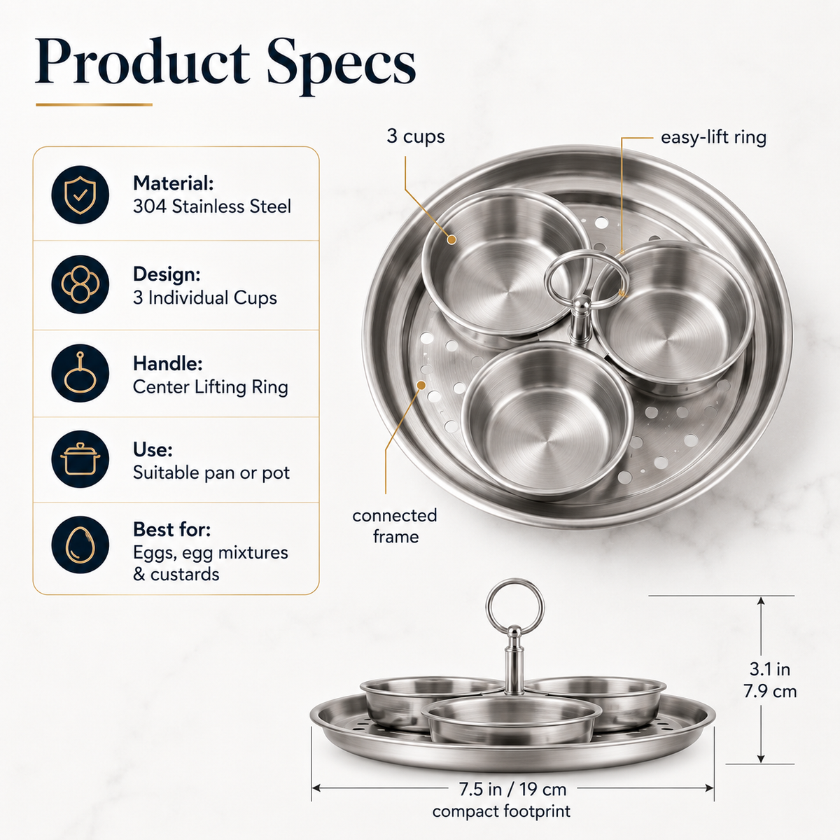 🍳 3-Cup Stainless Steel Egg Poacher – Cook 3 Eggs at Once