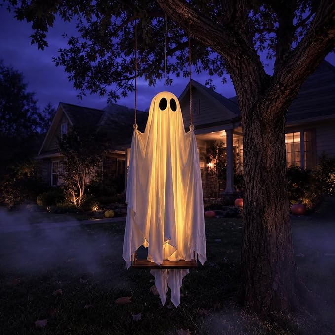 🔥Halloween Limited-Time Discount👻5FT Hanging Swing Ghost Decor | Remote String Lights・Waterproof Fabric・Outdoor Halloween Prop