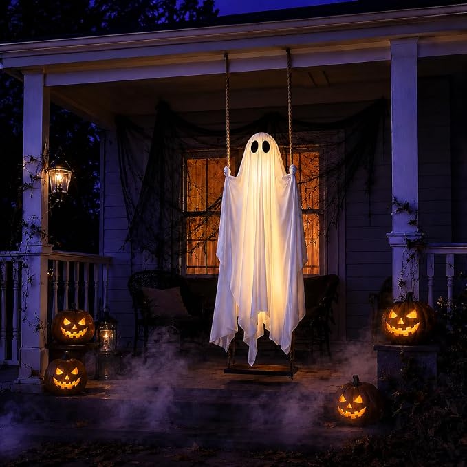🔥Halloween Limited-Time Discount👻5FT Hanging Swing Ghost Decor | Remote String Lights・Waterproof Fabric・Outdoor Halloween Prop