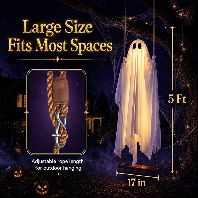 🔥Halloween Limited-Time Discount👻5FT Hanging Swing Ghost Decor | Remote String Lights・Waterproof Fabric・Outdoor Halloween Prop