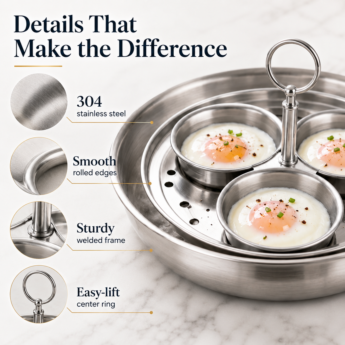 🍳 3-Cup Stainless Steel Egg Poacher – Cook 3 Eggs at Once