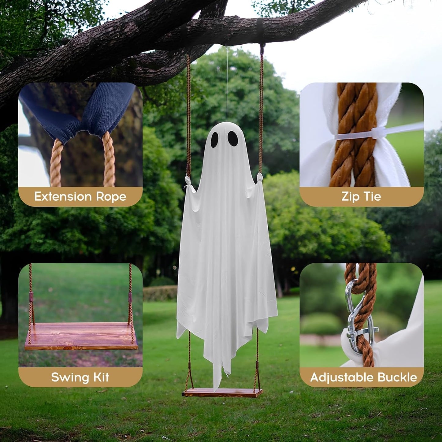 🔥Halloween Limited-Time Discount👻5FT Hanging Swing Ghost Decor | Remote String Lights・Waterproof Fabric・Outdoor Halloween Prop