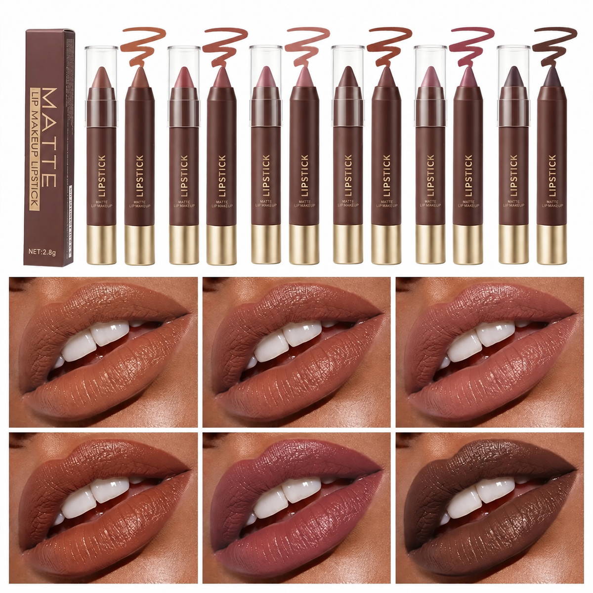 6-piece set of long-lasting, matte, brown lipstick