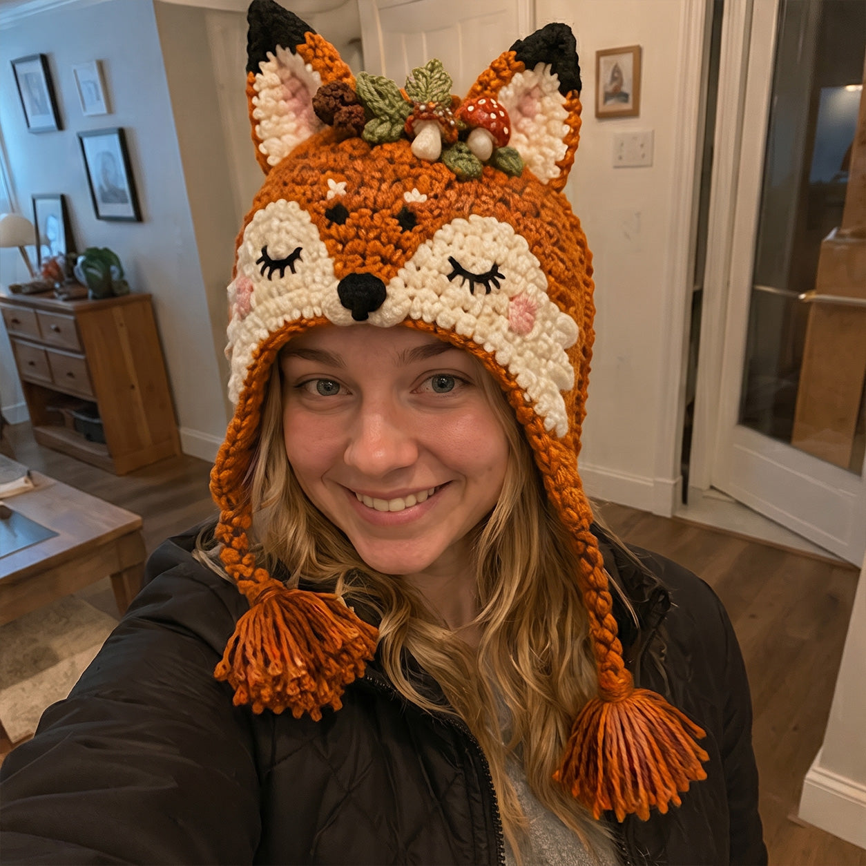 Finished fantasy crochet hood customer photo 2